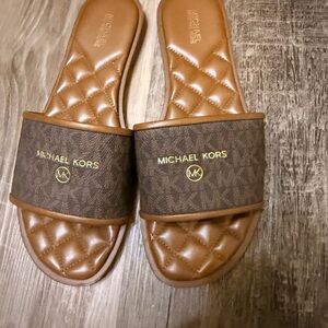 Michael Kors Tan and Brown Quilted Slides